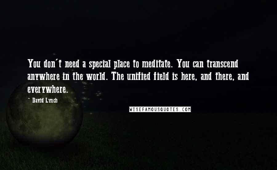 David Lynch Quotes: You don't need a special place to meditate. You can transcend anywhere in the world. The unified field is here, and there, and everywhere.