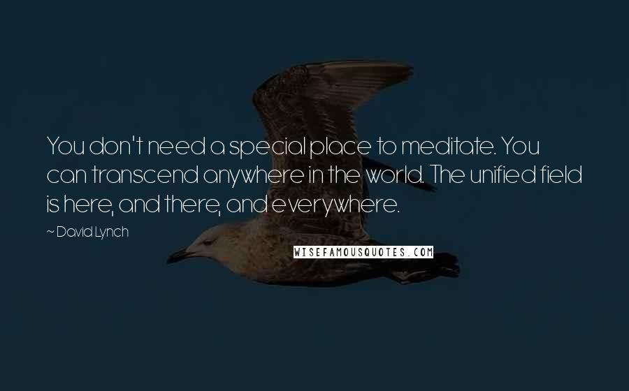 David Lynch Quotes: You don't need a special place to meditate. You can transcend anywhere in the world. The unified field is here, and there, and everywhere.