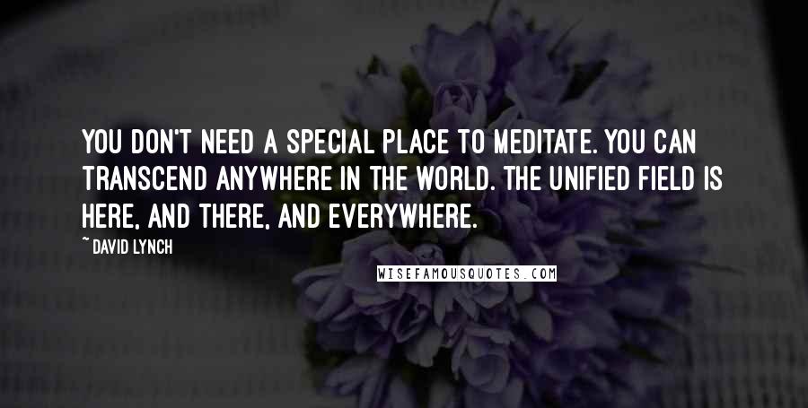 David Lynch Quotes: You don't need a special place to meditate. You can transcend anywhere in the world. The unified field is here, and there, and everywhere.