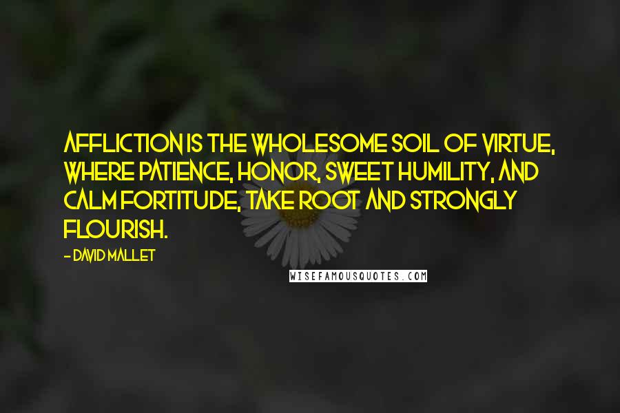 David Mallet Quotes: Affliction is the wholesome soil of virtue, where patience, honor, sweet humility, and calm fortitude, take root and strongly flourish.