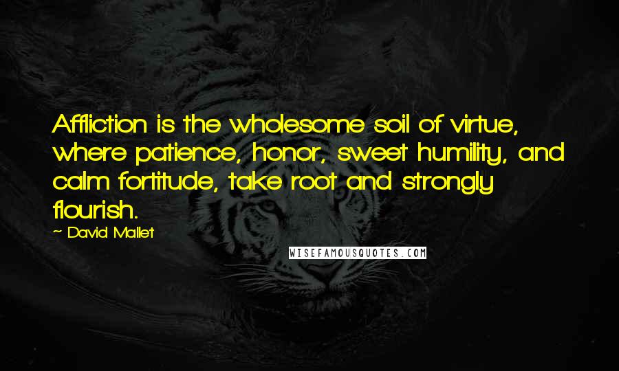 David Mallet Quotes: Affliction is the wholesome soil of virtue, where patience, honor, sweet humility, and calm fortitude, take root and strongly flourish.