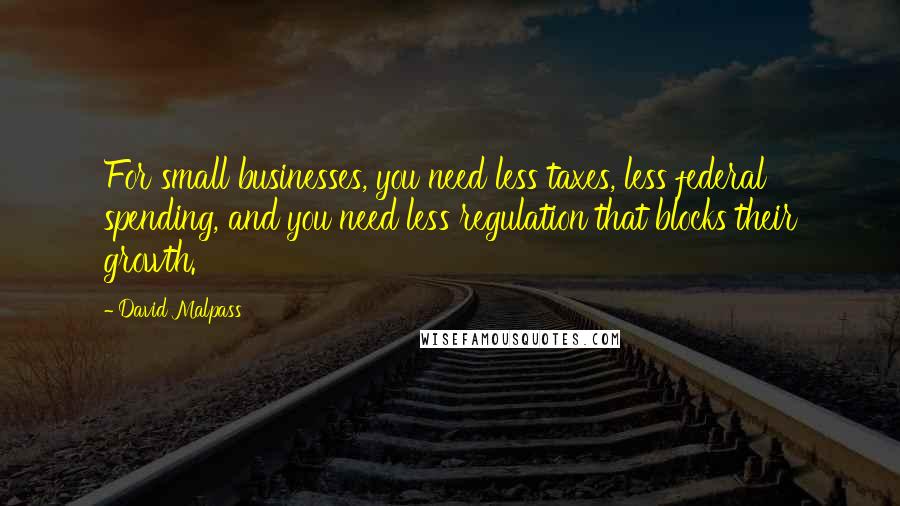 David Malpass Quotes: For small businesses, you need less taxes, less federal spending, and you need less regulation that blocks their growth.