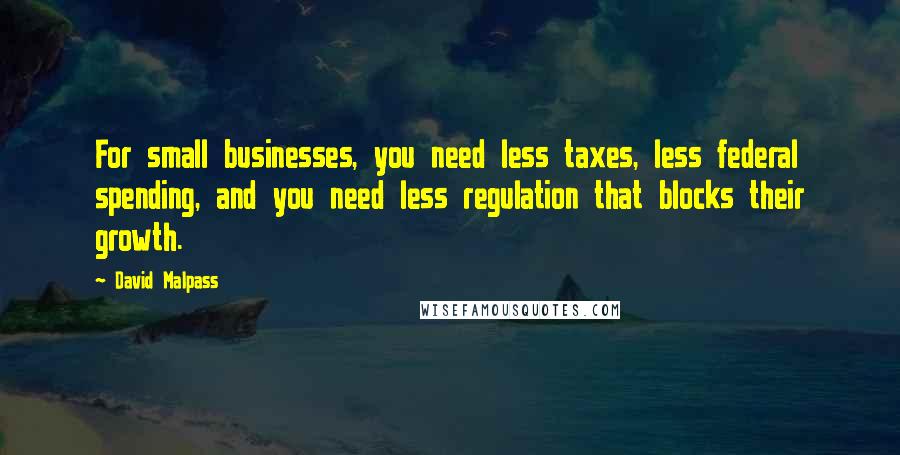 David Malpass Quotes: For small businesses, you need less taxes, less federal spending, and you need less regulation that blocks their growth.