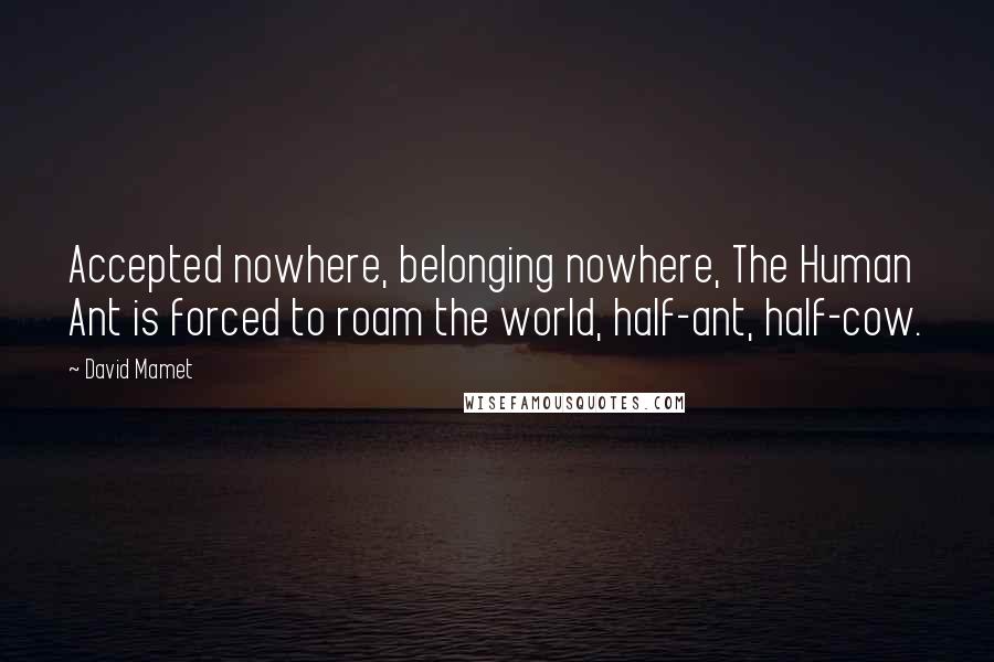 David Mamet Quotes: Accepted nowhere, belonging nowhere, The Human Ant is forced to roam the world, half-ant, half-cow.