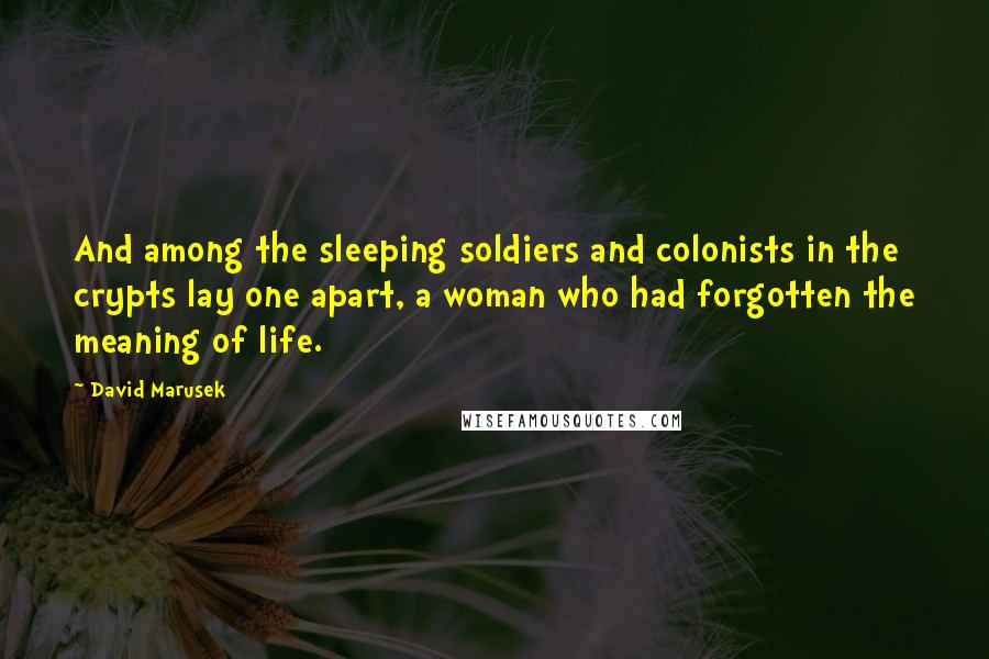 David Marusek Quotes: And among the sleeping soldiers and colonists in the crypts lay one apart, a woman who had forgotten the meaning of life.