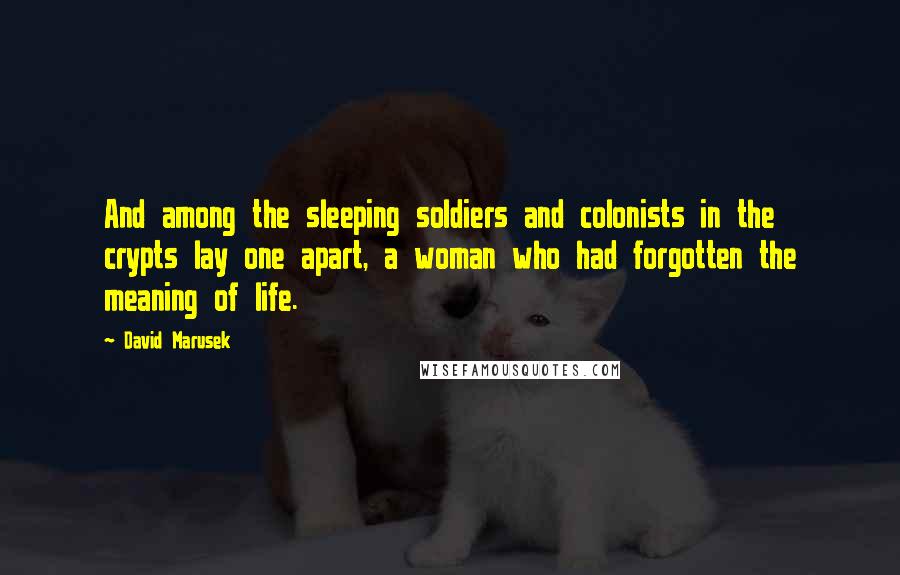 David Marusek Quotes: And among the sleeping soldiers and colonists in the crypts lay one apart, a woman who had forgotten the meaning of life.