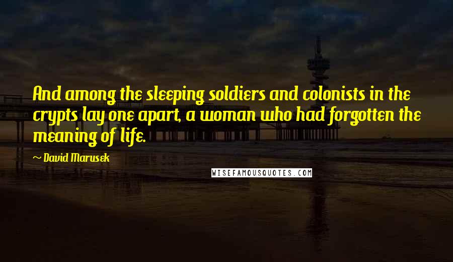 David Marusek Quotes: And among the sleeping soldiers and colonists in the crypts lay one apart, a woman who had forgotten the meaning of life.