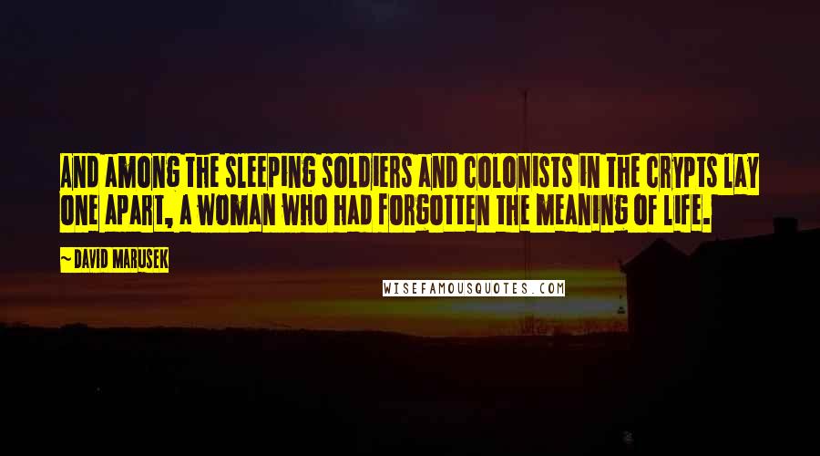 David Marusek Quotes: And among the sleeping soldiers and colonists in the crypts lay one apart, a woman who had forgotten the meaning of life.