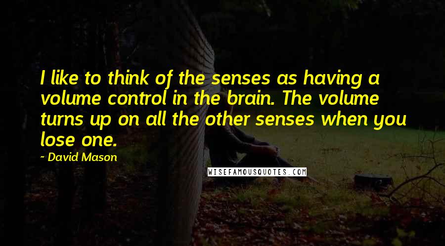 David Mason Quotes: I like to think of the senses as having a volume control in the brain. The volume turns up on all the other senses when you lose one.