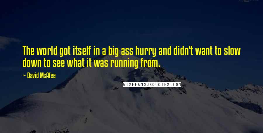 David McAfee Quotes: The world got itself in a big ass hurry and didn't want to slow down to see what it was running from.