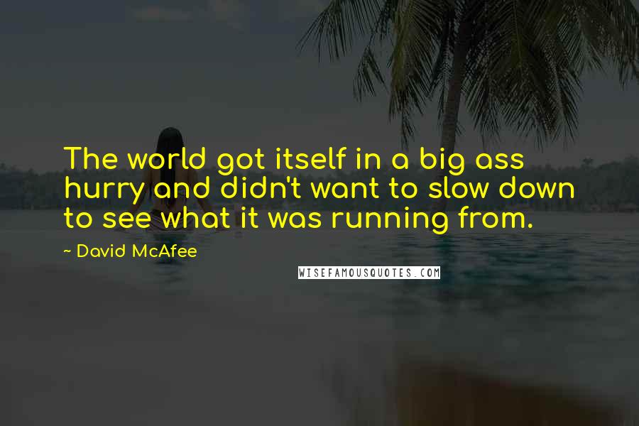 David McAfee Quotes: The world got itself in a big ass hurry and didn't want to slow down to see what it was running from.