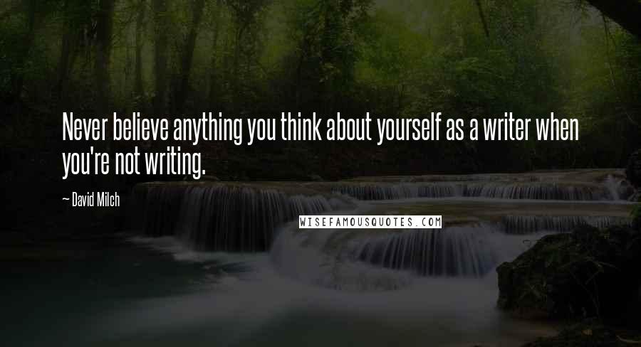 David Milch Quotes: Never believe anything you think about yourself as a writer when you're not writing.