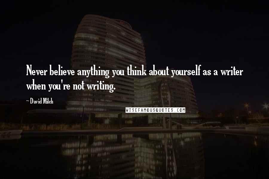 David Milch Quotes: Never believe anything you think about yourself as a writer when you're not writing.