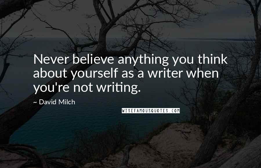 David Milch Quotes: Never believe anything you think about yourself as a writer when you're not writing.