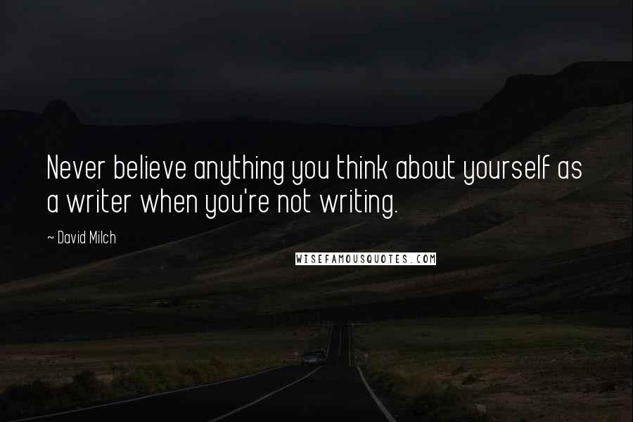 David Milch Quotes: Never believe anything you think about yourself as a writer when you're not writing.