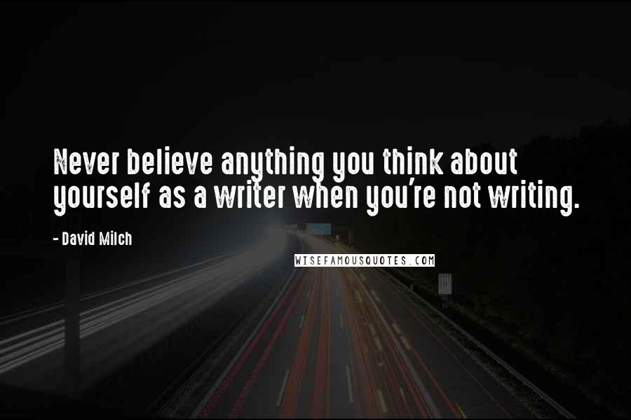 David Milch Quotes: Never believe anything you think about yourself as a writer when you're not writing.