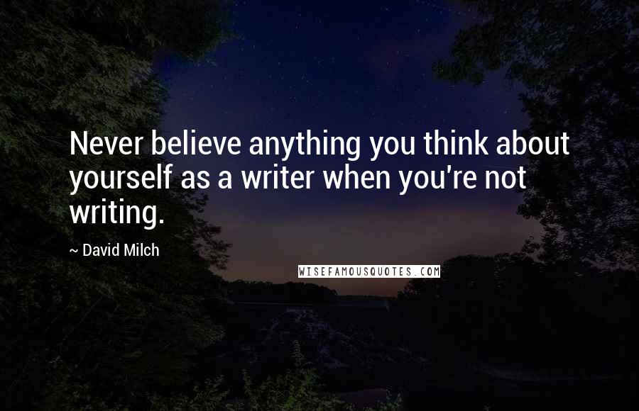 David Milch Quotes: Never believe anything you think about yourself as a writer when you're not writing.