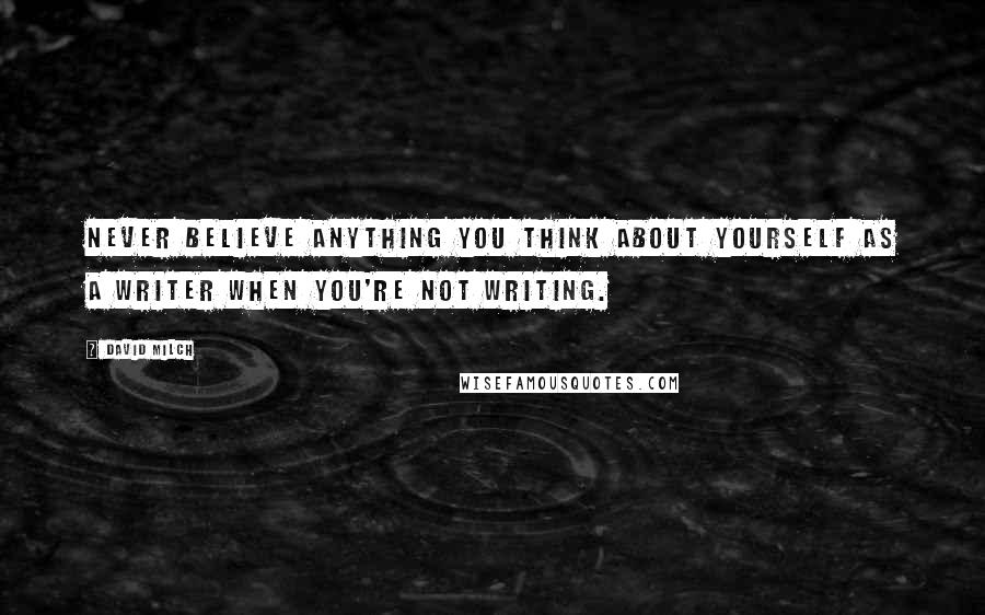 David Milch Quotes: Never believe anything you think about yourself as a writer when you're not writing.