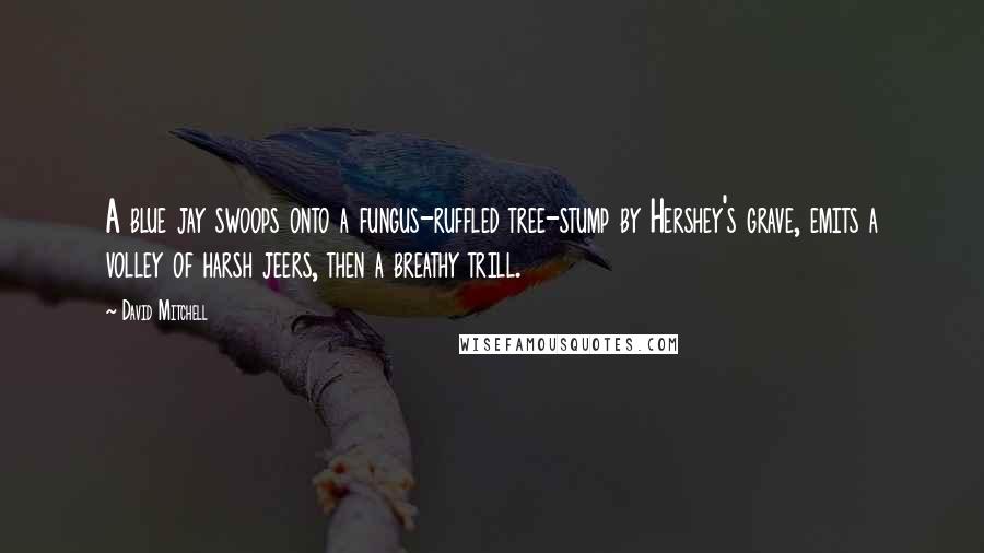 David Mitchell Quotes: A blue jay swoops onto a fungus-ruffled tree-stump by Hershey's grave, emits a volley of harsh jeers, then a breathy trill.