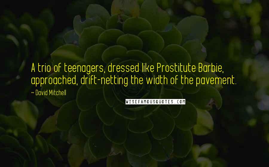 David Mitchell Quotes: A trio of teenagers, dressed like Prostitute Barbie, approached, drift-netting the width of the pavement.