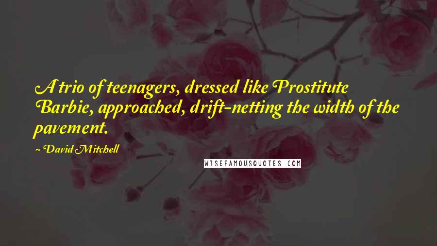 David Mitchell Quotes: A trio of teenagers, dressed like Prostitute Barbie, approached, drift-netting the width of the pavement.