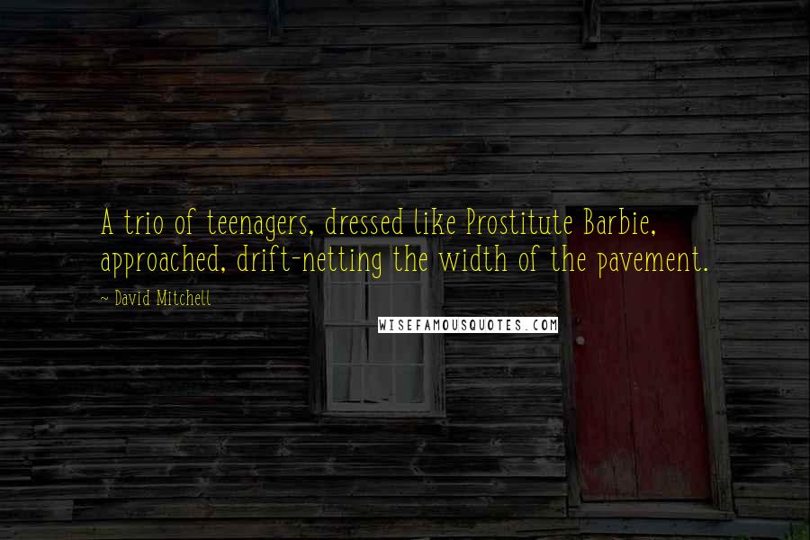 David Mitchell Quotes: A trio of teenagers, dressed like Prostitute Barbie, approached, drift-netting the width of the pavement.