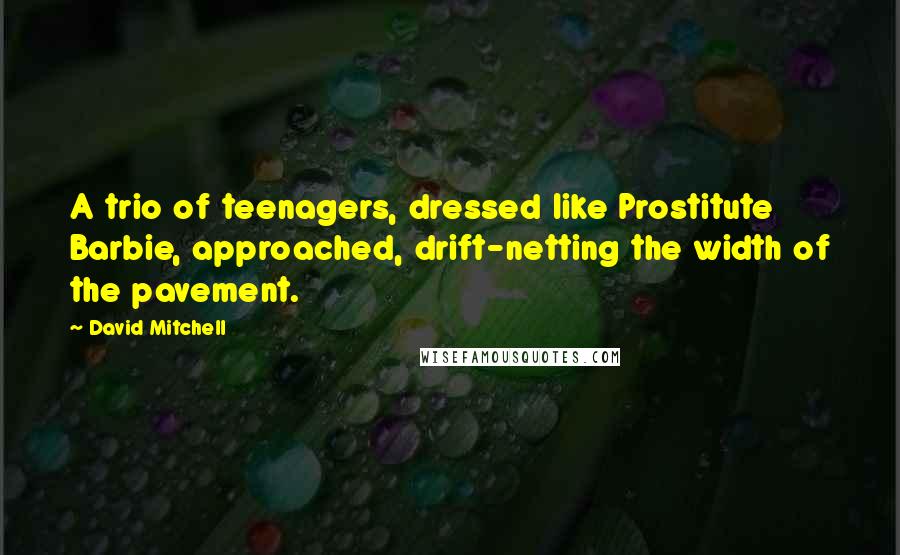 David Mitchell Quotes: A trio of teenagers, dressed like Prostitute Barbie, approached, drift-netting the width of the pavement.