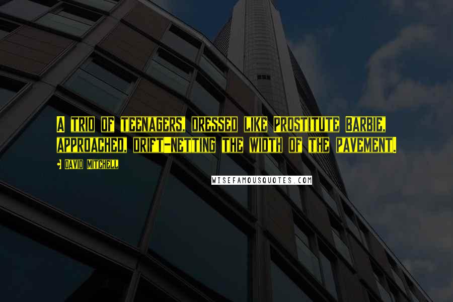 David Mitchell Quotes: A trio of teenagers, dressed like Prostitute Barbie, approached, drift-netting the width of the pavement.