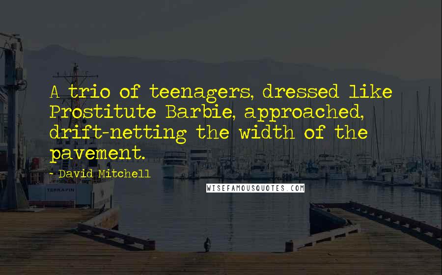 David Mitchell Quotes: A trio of teenagers, dressed like Prostitute Barbie, approached, drift-netting the width of the pavement.