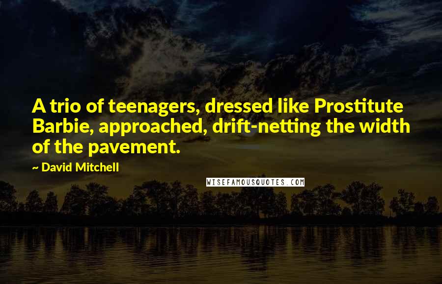 David Mitchell Quotes: A trio of teenagers, dressed like Prostitute Barbie, approached, drift-netting the width of the pavement.