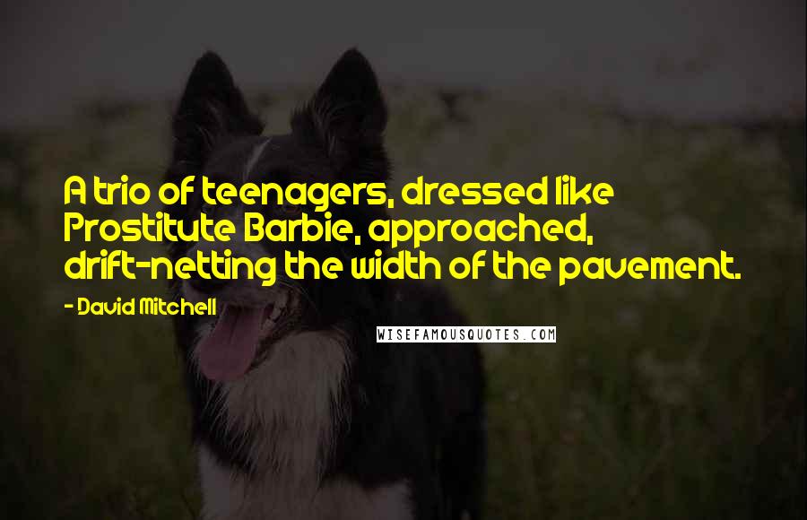 David Mitchell Quotes: A trio of teenagers, dressed like Prostitute Barbie, approached, drift-netting the width of the pavement.