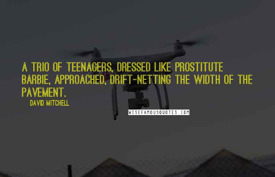 David Mitchell Quotes: A trio of teenagers, dressed like Prostitute Barbie, approached, drift-netting the width of the pavement.