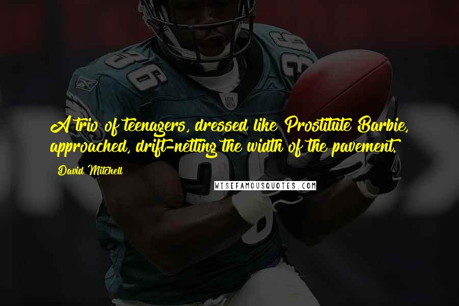 David Mitchell Quotes: A trio of teenagers, dressed like Prostitute Barbie, approached, drift-netting the width of the pavement.