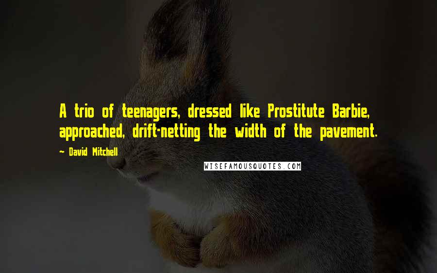 David Mitchell Quotes: A trio of teenagers, dressed like Prostitute Barbie, approached, drift-netting the width of the pavement.