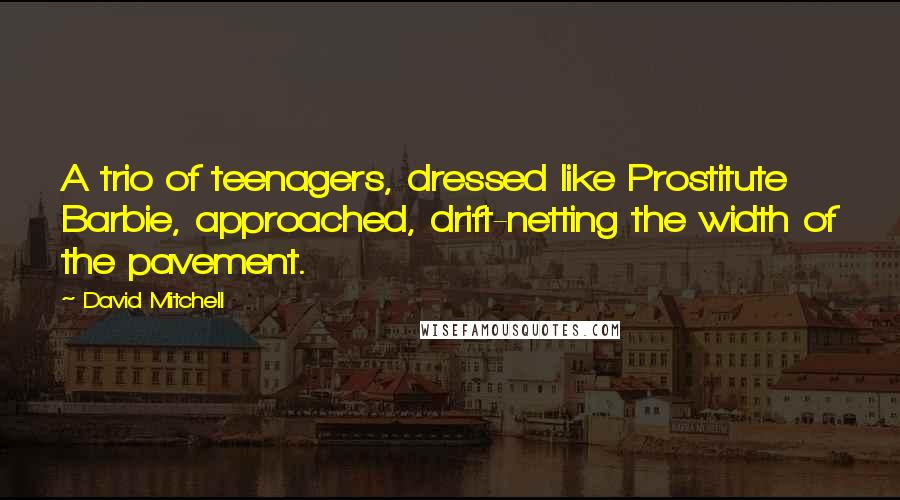 David Mitchell Quotes: A trio of teenagers, dressed like Prostitute Barbie, approached, drift-netting the width of the pavement.