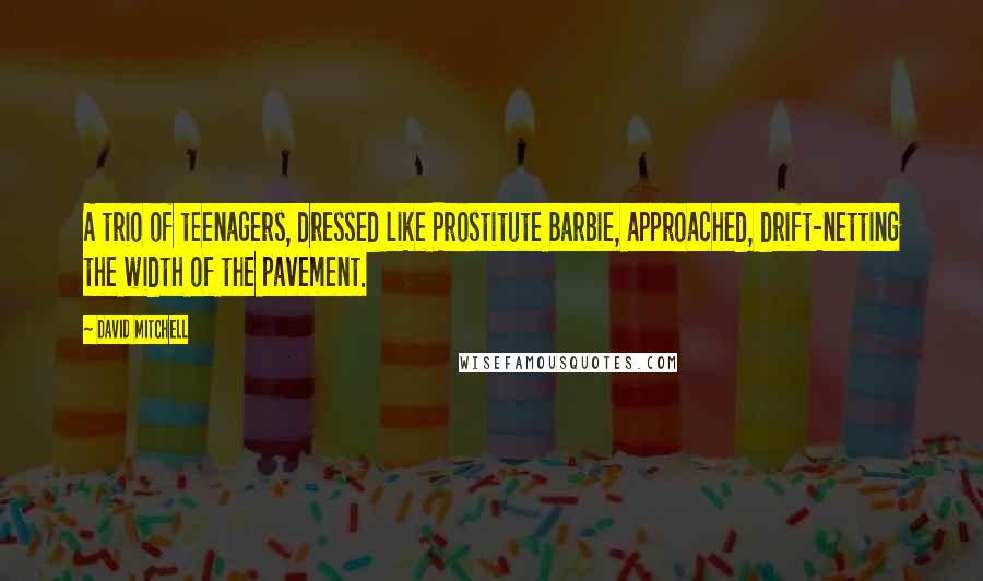 David Mitchell Quotes: A trio of teenagers, dressed like Prostitute Barbie, approached, drift-netting the width of the pavement.