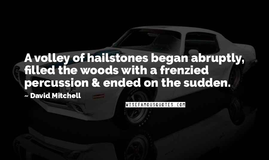 David Mitchell Quotes: A volley of hailstones began abruptly, filled the woods with a frenzied percussion & ended on the sudden.