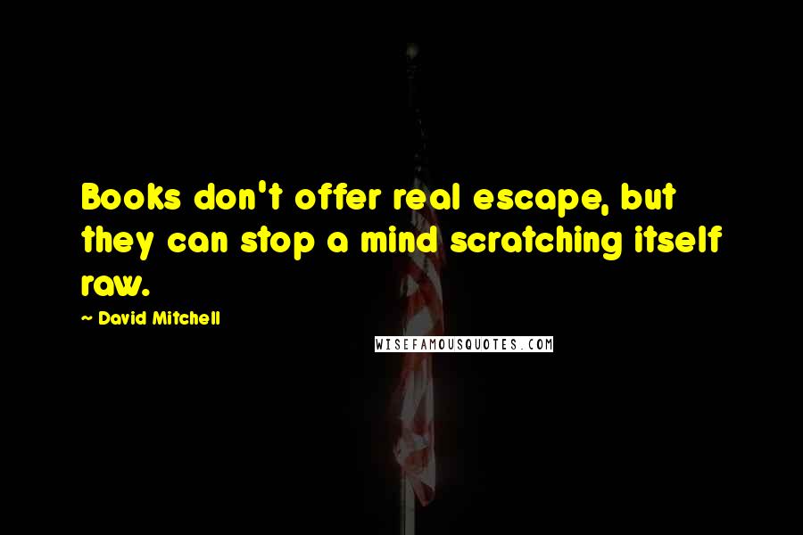 David Mitchell Quotes: Books don't offer real escape, but they can stop a mind scratching itself raw.