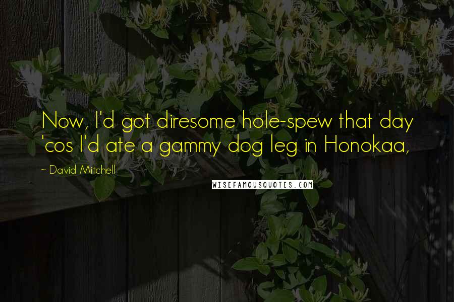 David Mitchell Quotes: Now, I'd got diresome hole-spew that day 'cos I'd ate a gammy dog leg in Honokaa,