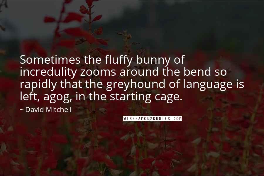 David Mitchell Quotes: Sometimes the fluffy bunny of incredulity zooms around the bend so rapidly that the greyhound of language is left, agog, in the starting cage.