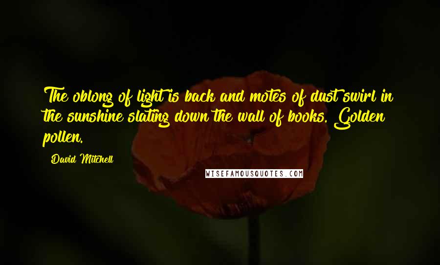 David Mitchell Quotes: The oblong of light is back and motes of dust swirl in the sunshine slating down the wall of books. Golden pollen.