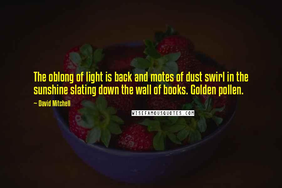 David Mitchell Quotes: The oblong of light is back and motes of dust swirl in the sunshine slating down the wall of books. Golden pollen.