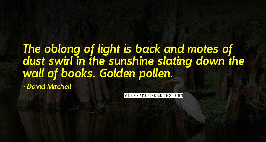 David Mitchell Quotes: The oblong of light is back and motes of dust swirl in the sunshine slating down the wall of books. Golden pollen.