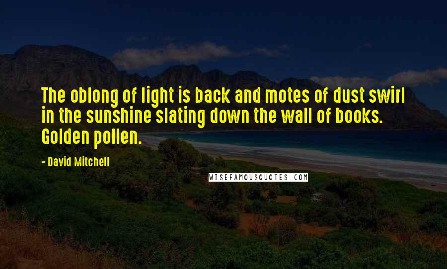 David Mitchell Quotes: The oblong of light is back and motes of dust swirl in the sunshine slating down the wall of books. Golden pollen.