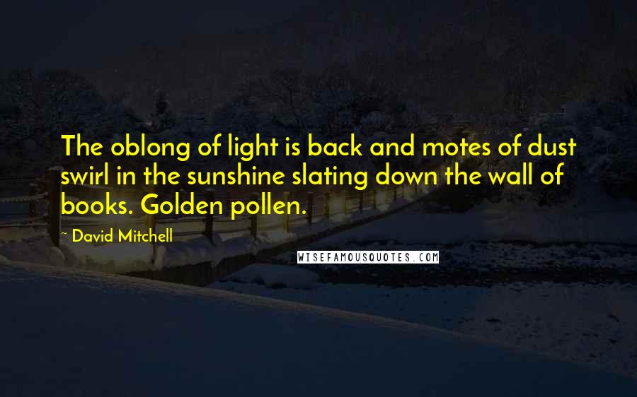 David Mitchell Quotes: The oblong of light is back and motes of dust swirl in the sunshine slating down the wall of books. Golden pollen.