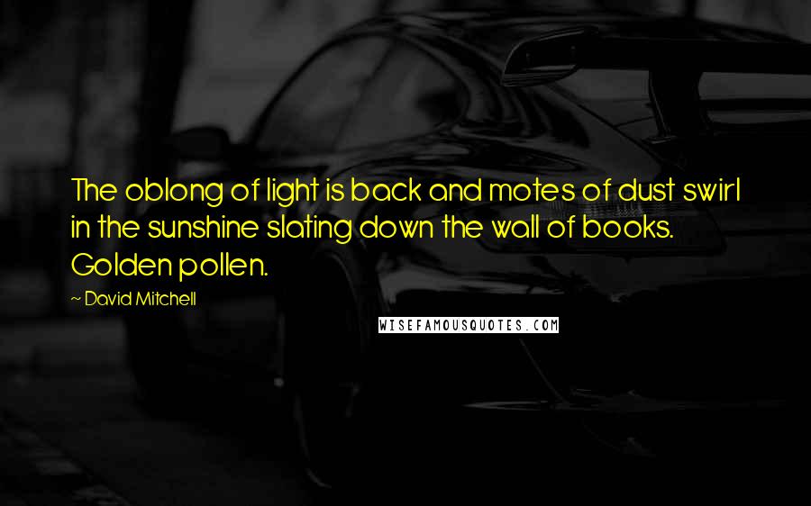 David Mitchell Quotes: The oblong of light is back and motes of dust swirl in the sunshine slating down the wall of books. Golden pollen.