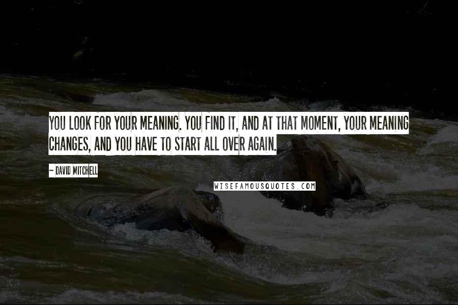 David Mitchell Quotes: You look for your meaning. You find it, and at that moment, your meaning changes, and you have to start all over again.