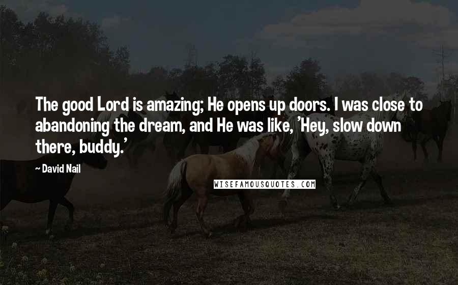 David Nail Quotes: The good Lord is amazing; He opens up doors. I was close to abandoning the dream, and He was like, 'Hey, slow down there, buddy.'