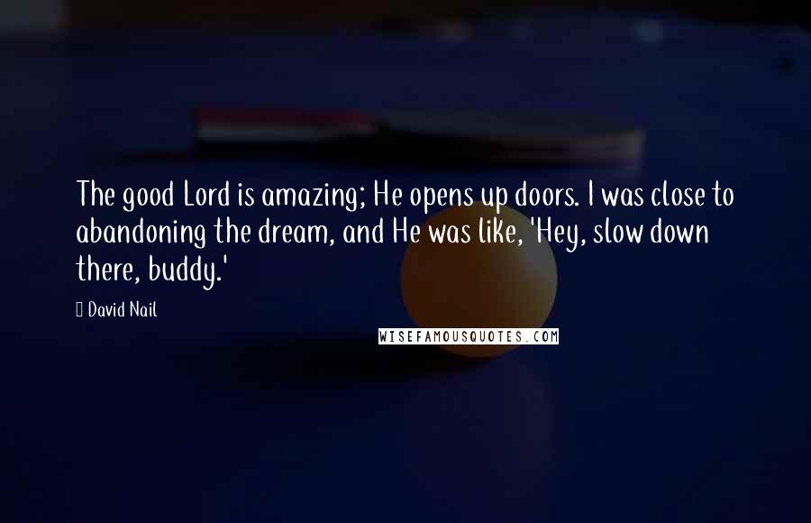 David Nail Quotes: The good Lord is amazing; He opens up doors. I was close to abandoning the dream, and He was like, 'Hey, slow down there, buddy.'