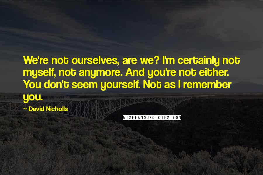 David Nicholls Quotes: We're not ourselves, are we? I'm certainly not myself, not anymore. And you're not either. You don't seem yourself. Not as I remember you.